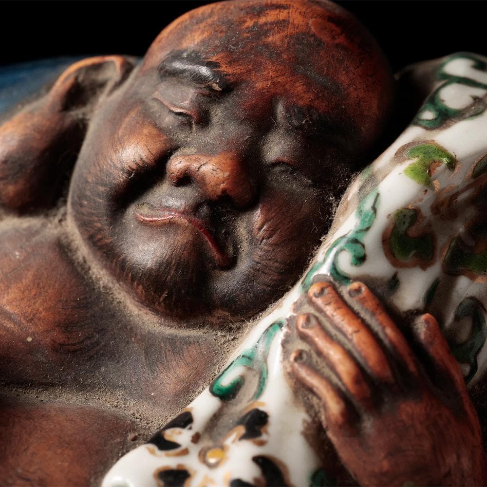 T 九谷焼き　布袋像　唐草模様　青手九谷　布袋　仏像　東洋彫刻　時代年代物