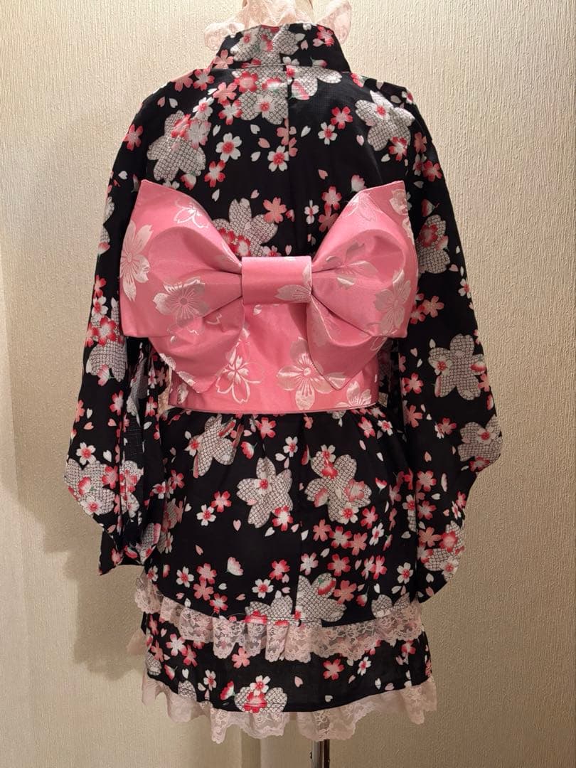 浴衣ドレス 2段スカート 黒ピンク　桜 地雷ギャル 姫ギャル 平成ギャル