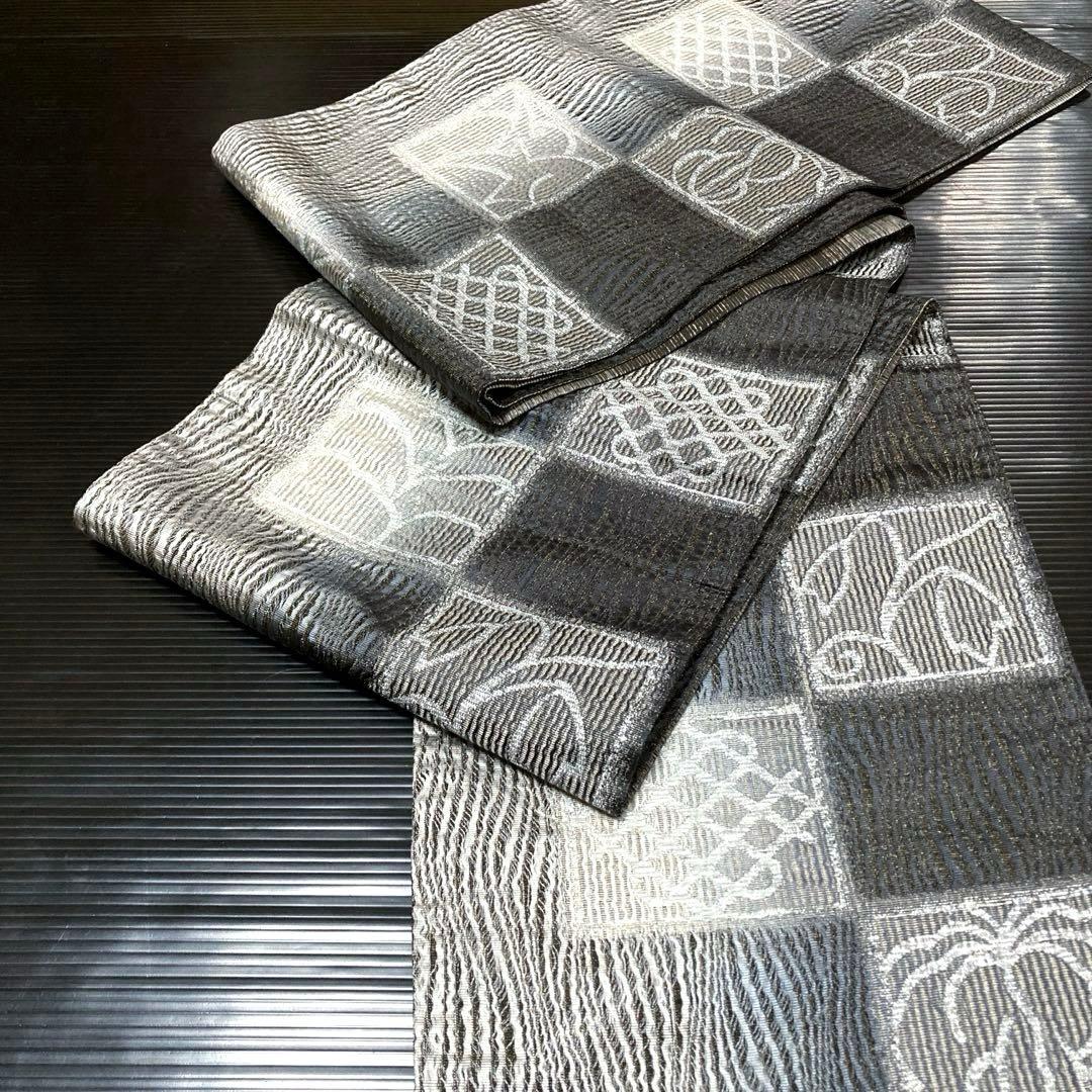 正絹　六通袋帯【抽象模様　格子】