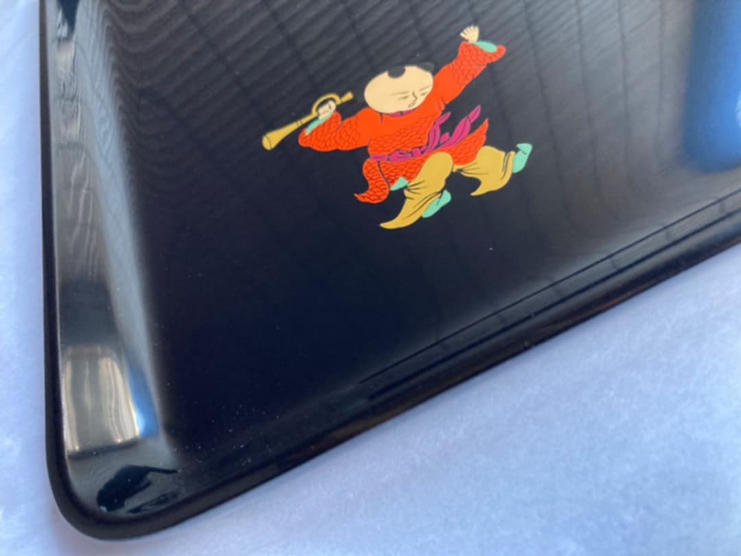 輪島塗　本堅地　唐子蒔絵　お盆　長方形