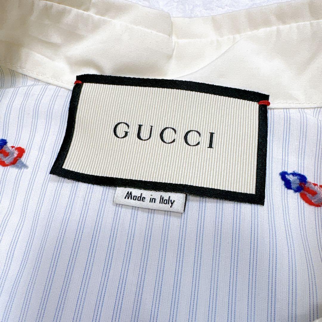 美品✨GUCCI ハート刺繍　リボン　ブラウス　シャツ　ロゴボタン　ストライプ
