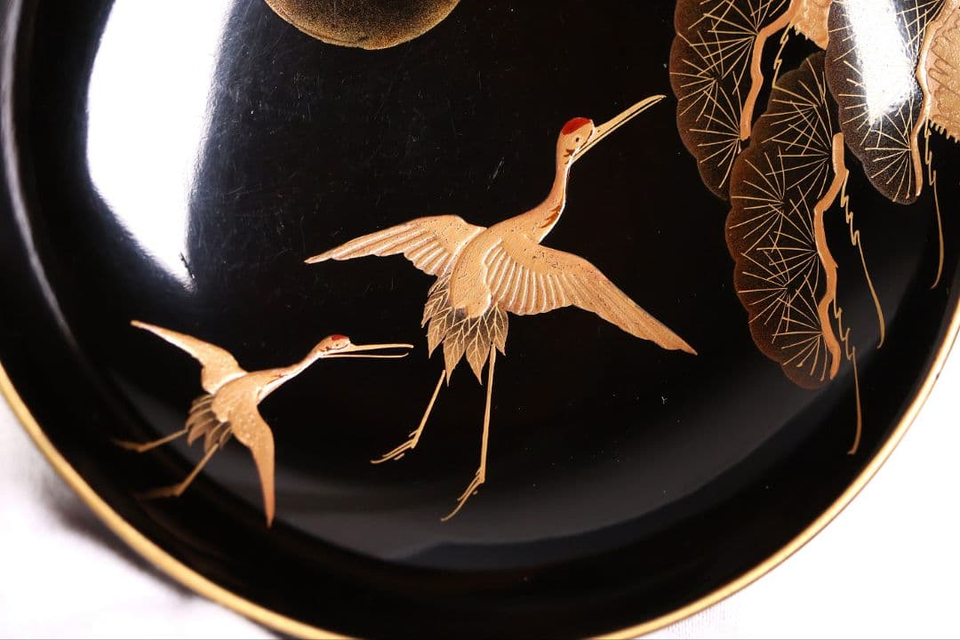 【CM378】大正期 月と松 飛翔鶴 金蒔絵 欅地溜塗 黒塗 椀二客 木製漆器