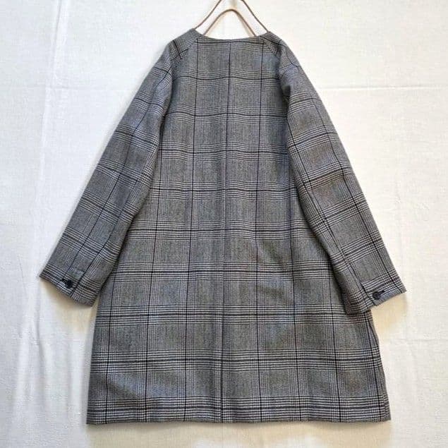 ハンズオブクリエイション ノーカラーコート ウール グレンチェック 千鳥格子