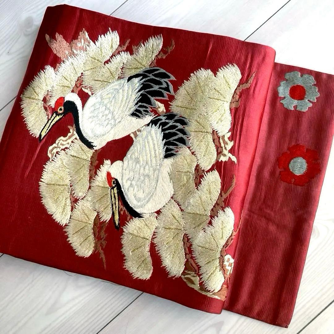 アンティーク名古屋帯　鶴の刺繍　大正ロマン　しつけ糸付　正絹　N1-26