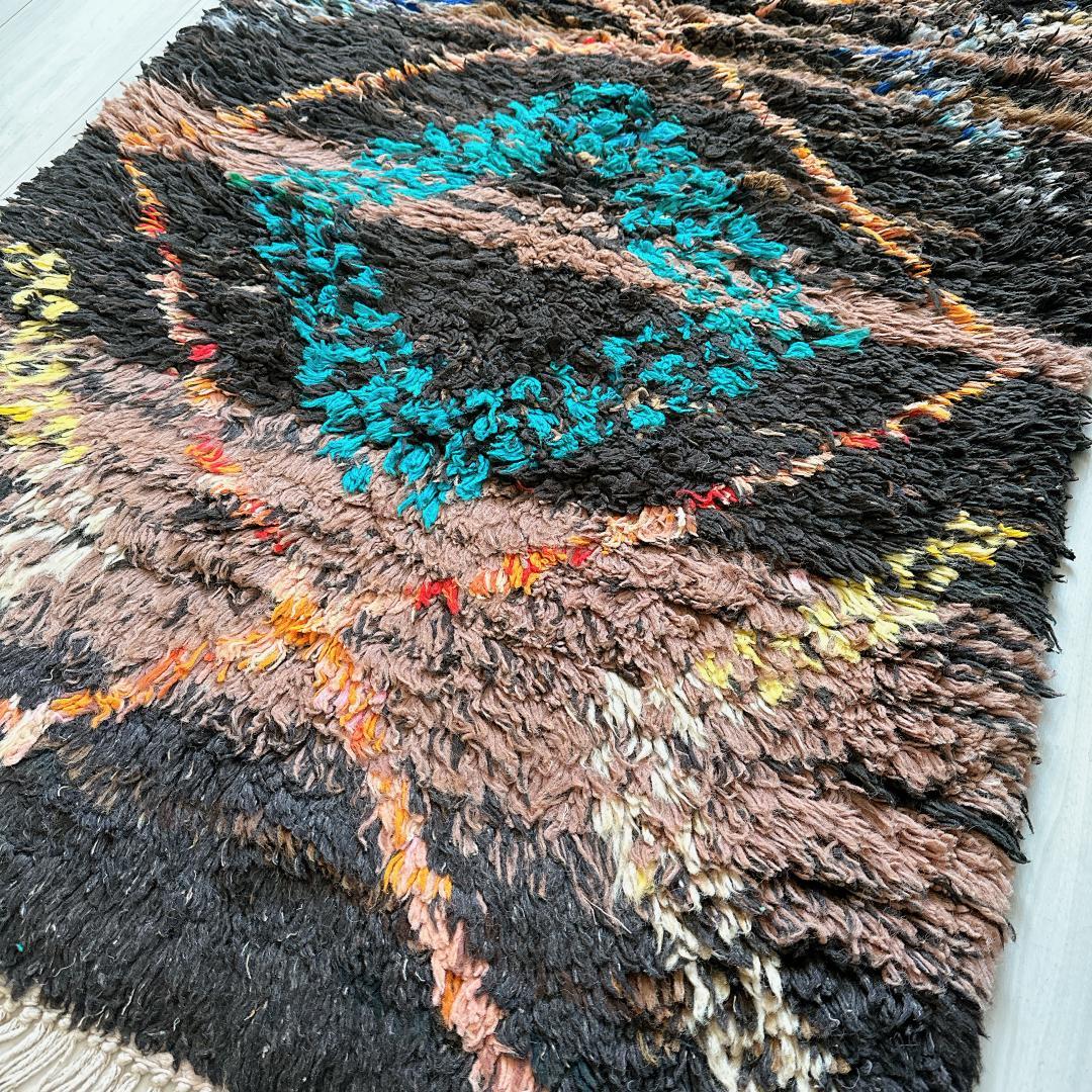 モロッコ ヴィンテージラグ141 レア ブラウン ターコイズ オレンジ イエロー