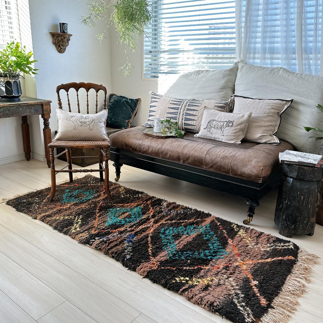 モロッコ ヴィンテージラグ141 レア ブラウン ターコイズ オレンジ イエロー