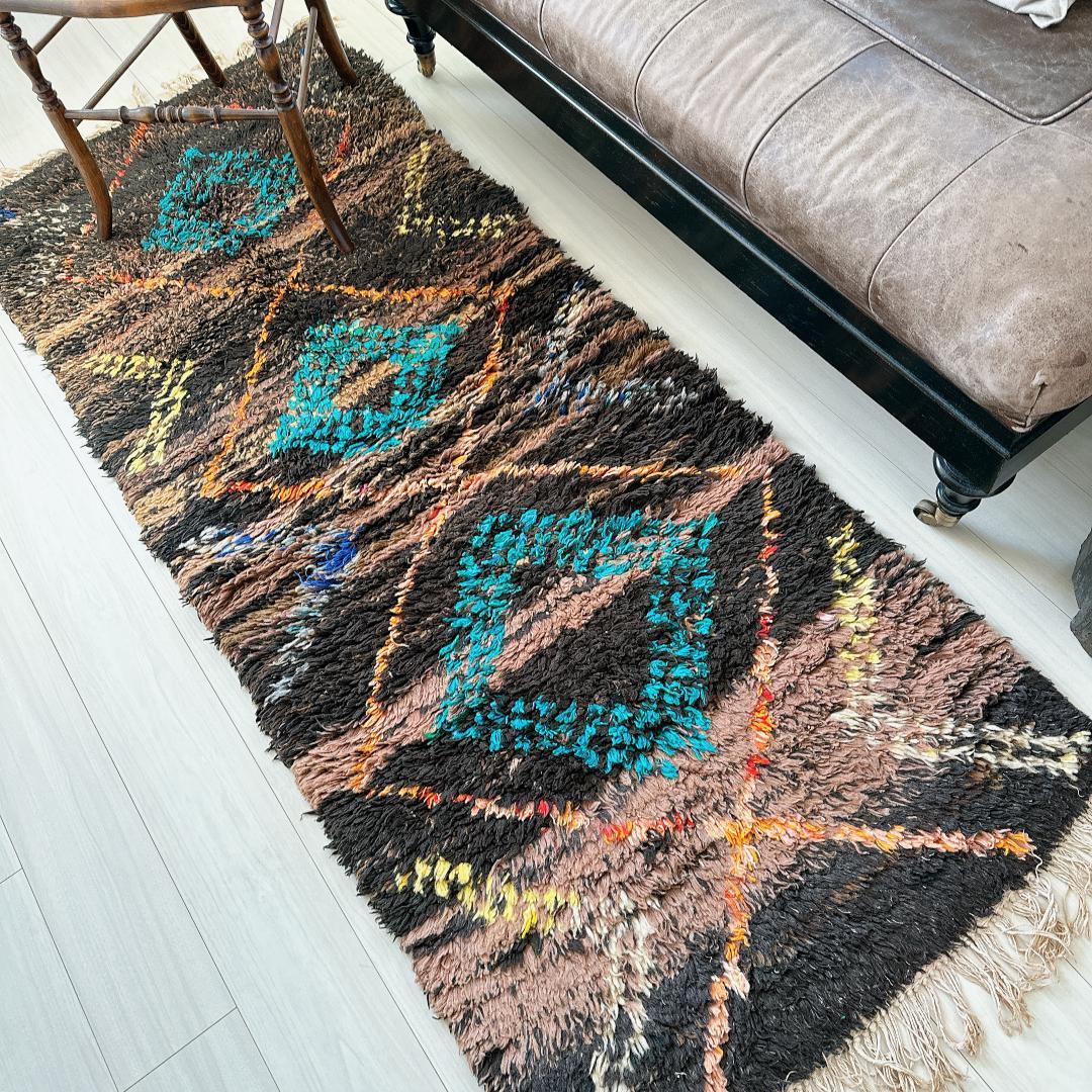 モロッコ ヴィンテージラグ141 レア ブラウン ターコイズ オレンジ イエロー