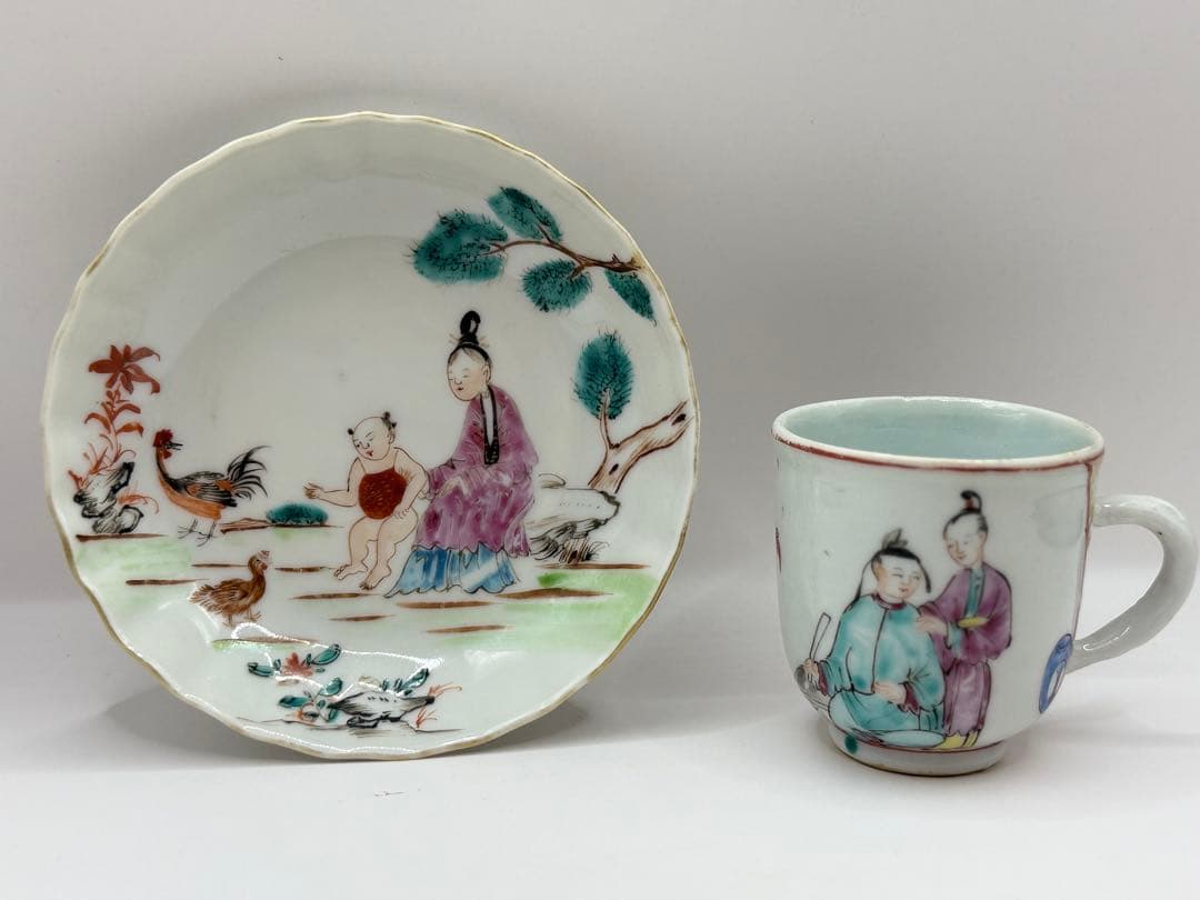 中国　清時代　乾隆時期　粉彩人物紋湯呑み&小皿　アンティーク　送料込み0608