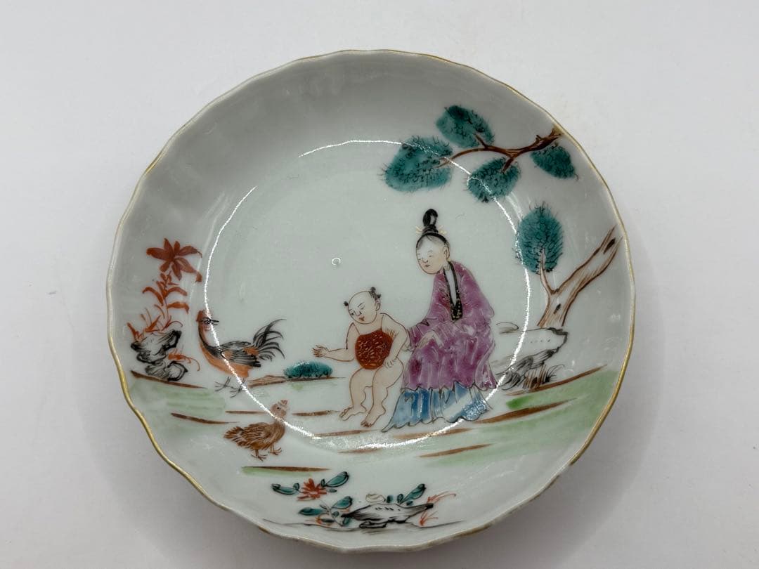 中国　清時代　乾隆時期　粉彩人物紋湯呑み&小皿　アンティーク　送料込み0608