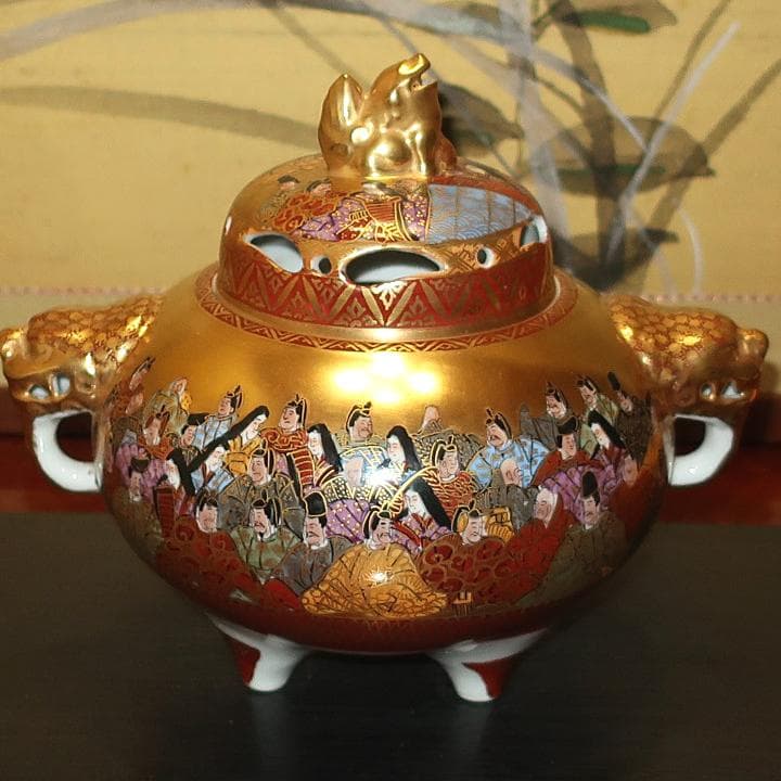 【故物骨董】豪華絢爛　九谷焼　大香炉　本金百人一首　岳陽作