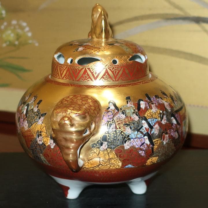 【故物骨董】豪華絢爛　九谷焼　大香炉　本金百人一首　岳陽作