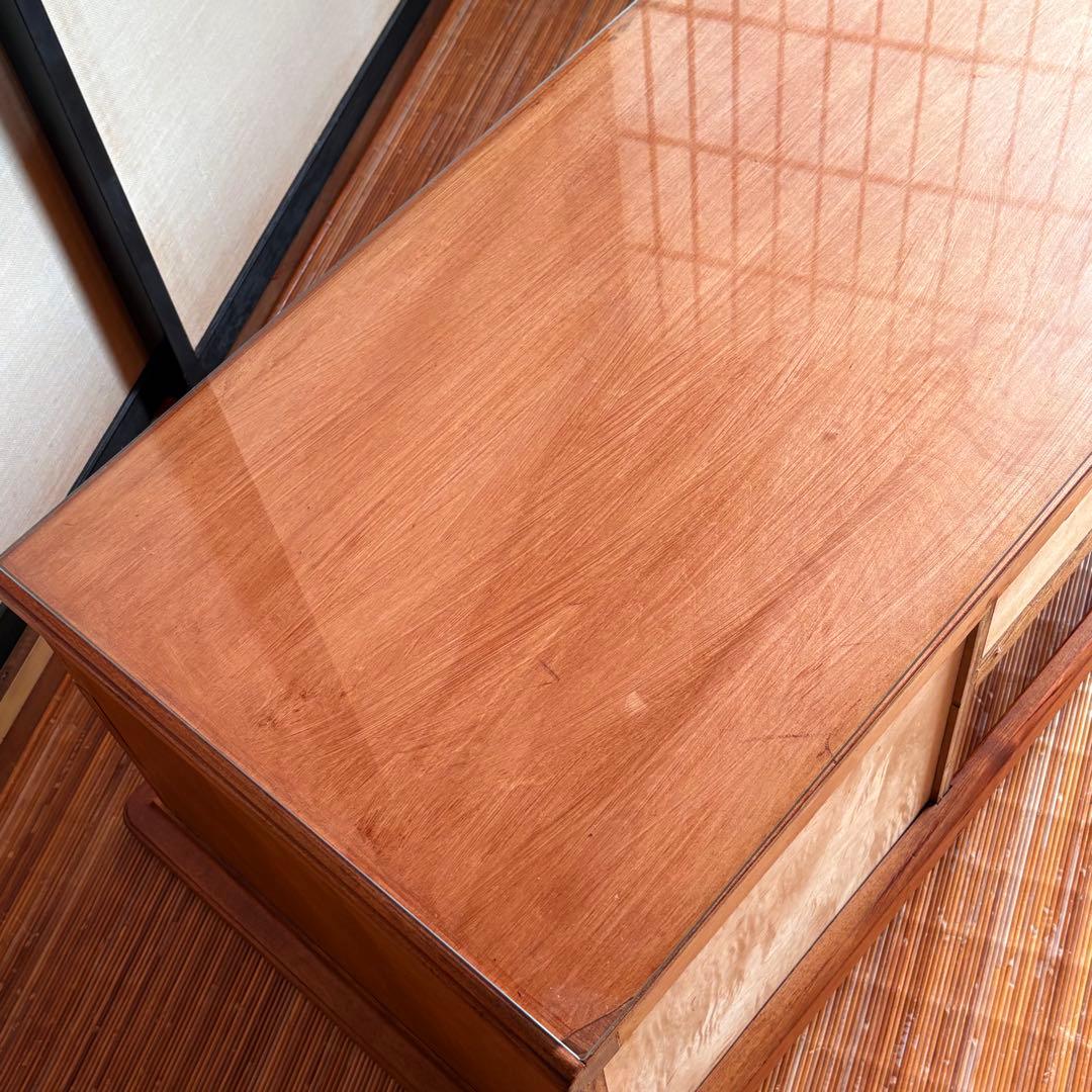 特注品【無垢材×ガラス天板】和モダン デスク ローテーブル 5杯 柿渋×蜜蝋