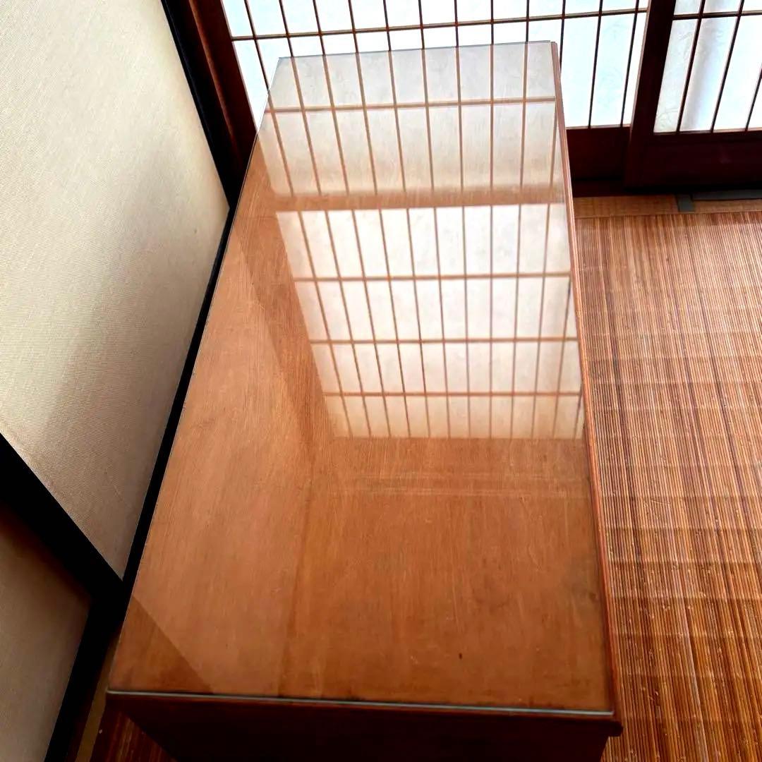 特注品【無垢材×ガラス天板】和モダン デスク ローテーブル 5杯 柿渋×蜜蝋