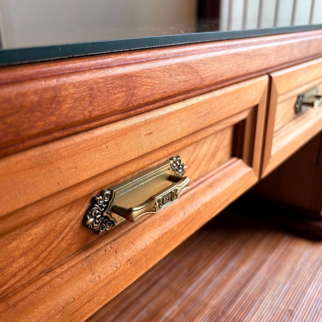 特注品【無垢材×ガラス天板】和モダン デスク ローテーブル 5杯 柿渋×蜜蝋