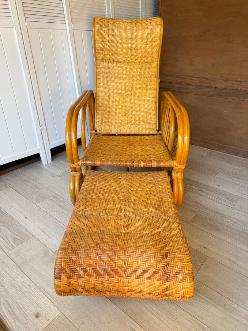 ラタンリクライニングチェア オットマン付き 籐家具 1人掛けソファー