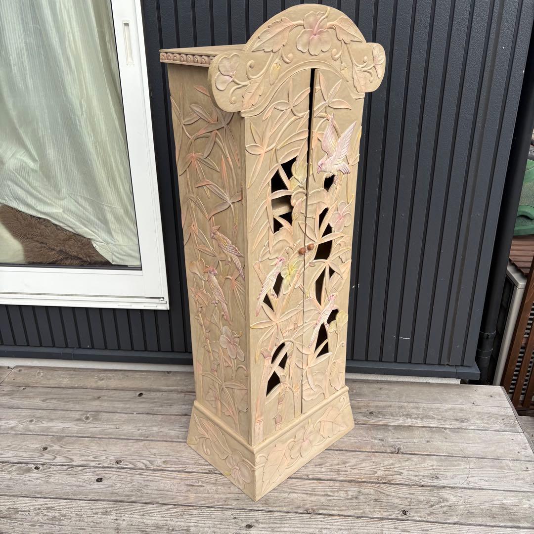 ヴィンテージ 彫刻キャビネット 木製収納棚 鳥 花 草木モチーフ アジアン調