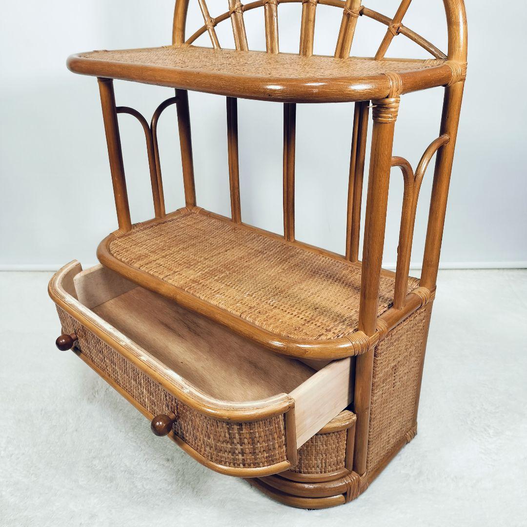 【良品】ラタン製　アーチ型　オープンシェルフ　引出し収納　ディスプレイ　レトロ