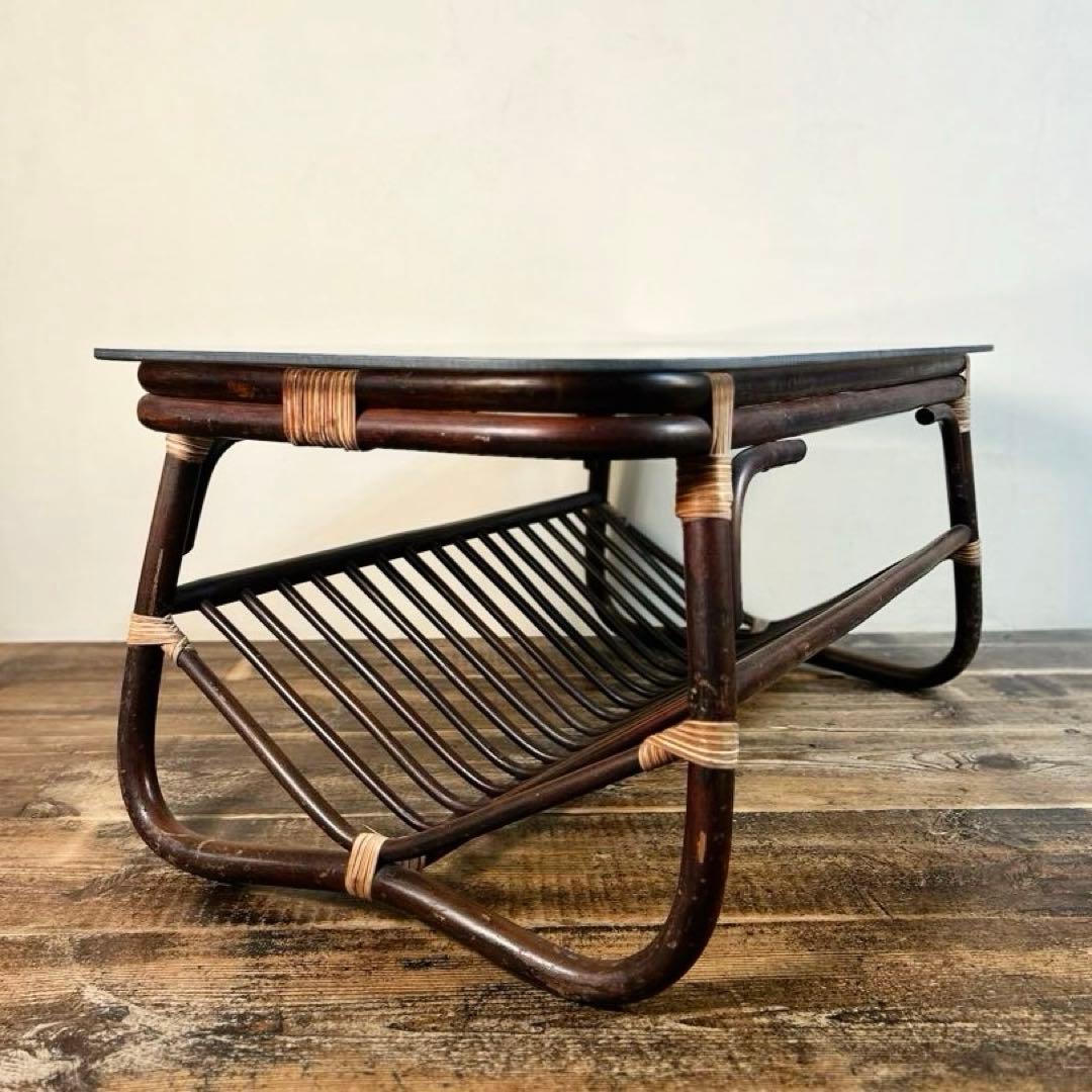 アンティーク ラタン ローテーブル 籐 ガラス天板 ヴィンテージ 小ぶり