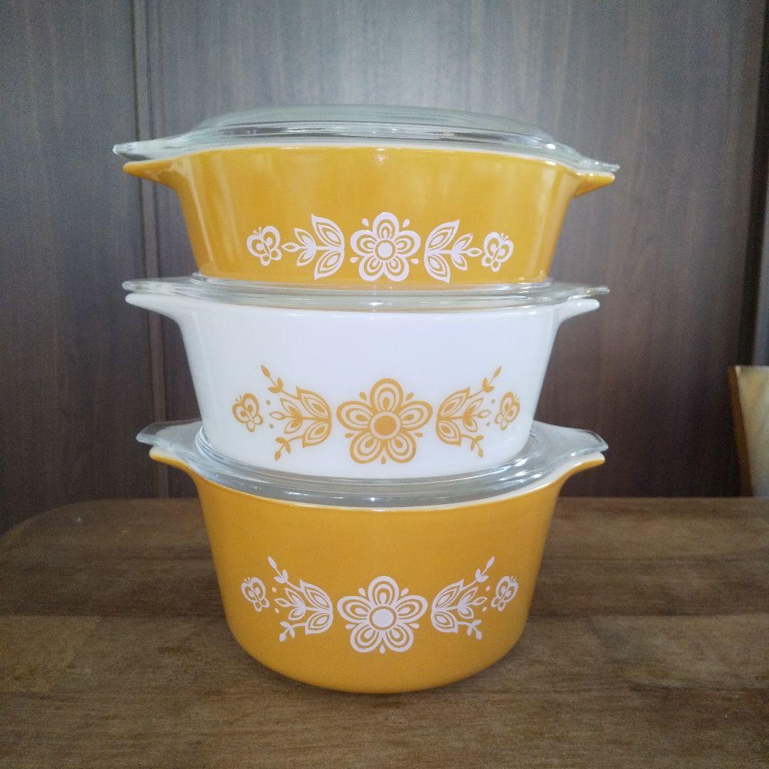 6点 極美品 高さ3サイズ オールドパイレックス キャセロールバタフライゴールド