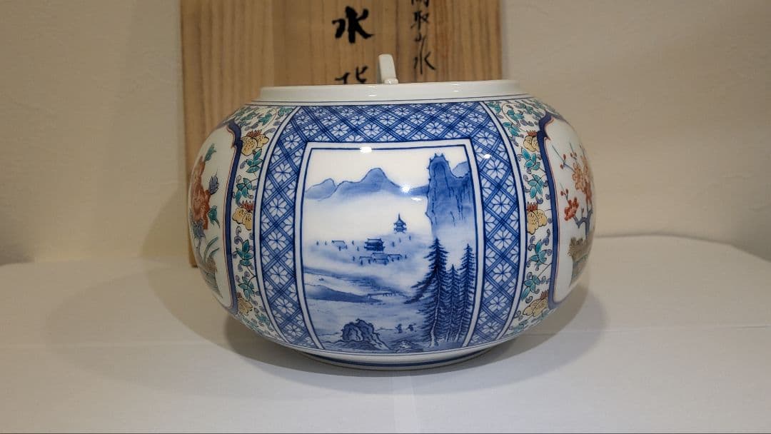 『館林貞夫』古琳庵窯　間取山水　水指　茶道具　共箱共布栞略歴　色絵　柿右衛門様式