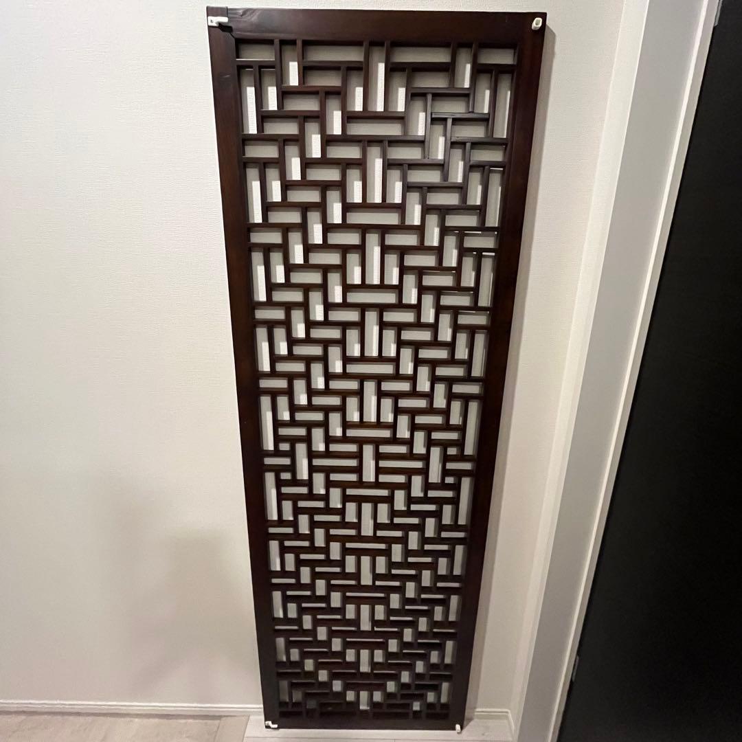 幾何学模様の木製壁掛けパネル　中国欄間　アンティーク家具　アジア