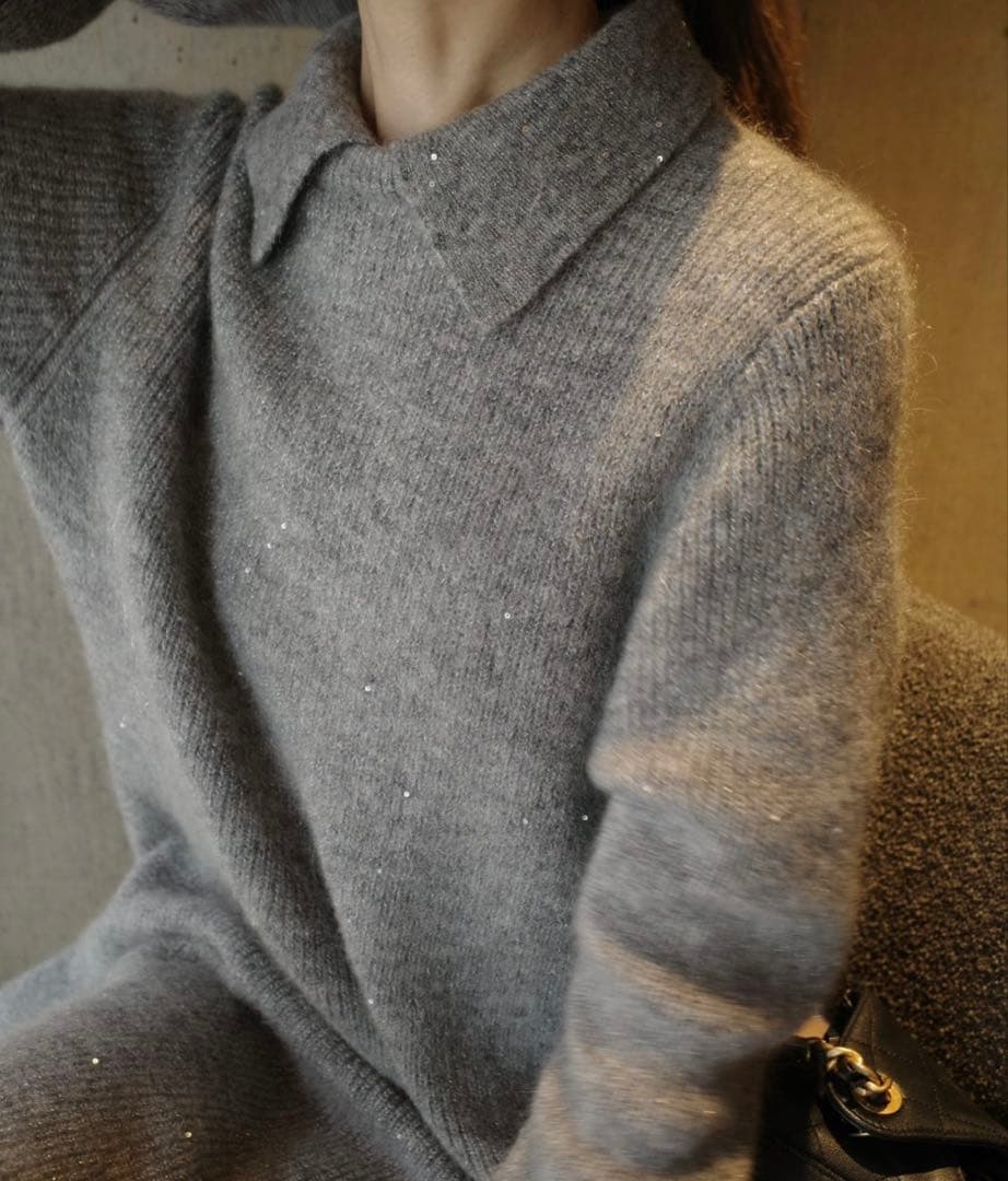 【美品】Mila Owen襟付きペプラムニットミニワンピース グレー Sサイズ