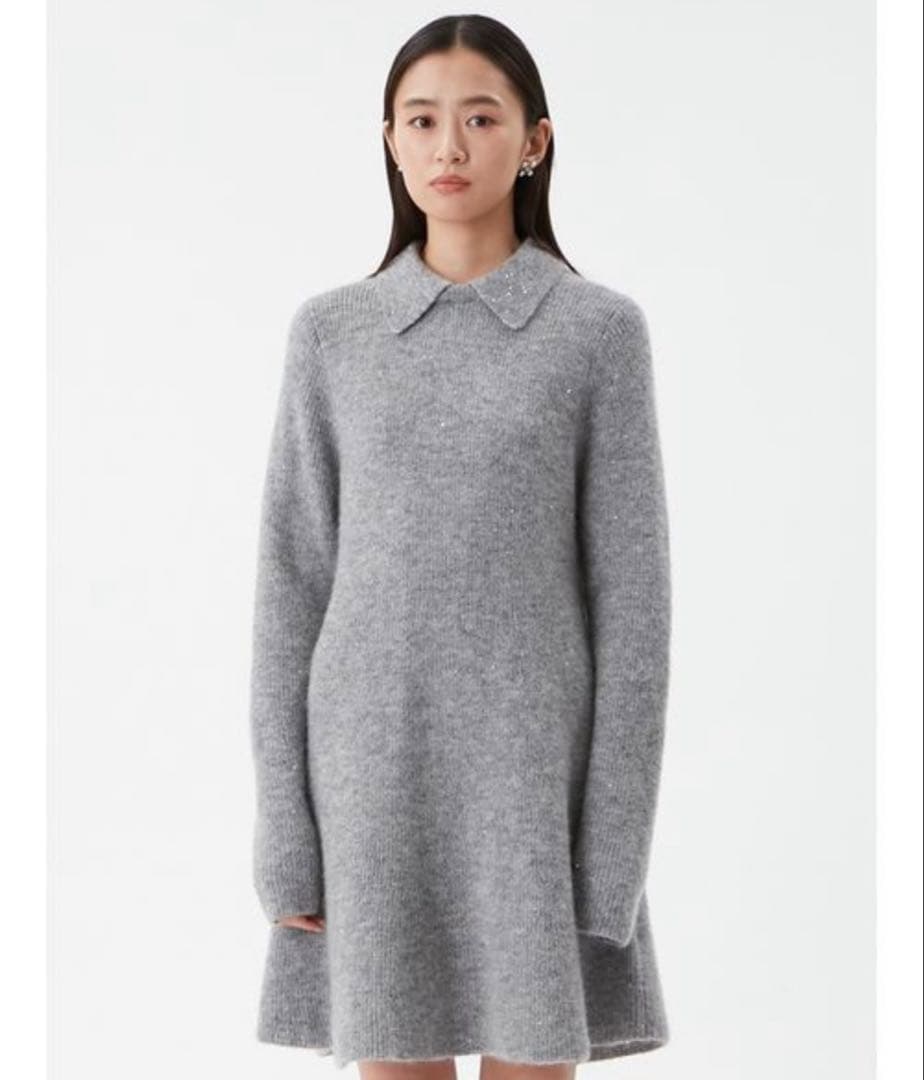 【美品】Mila Owen襟付きペプラムニットミニワンピース グレー Sサイズ