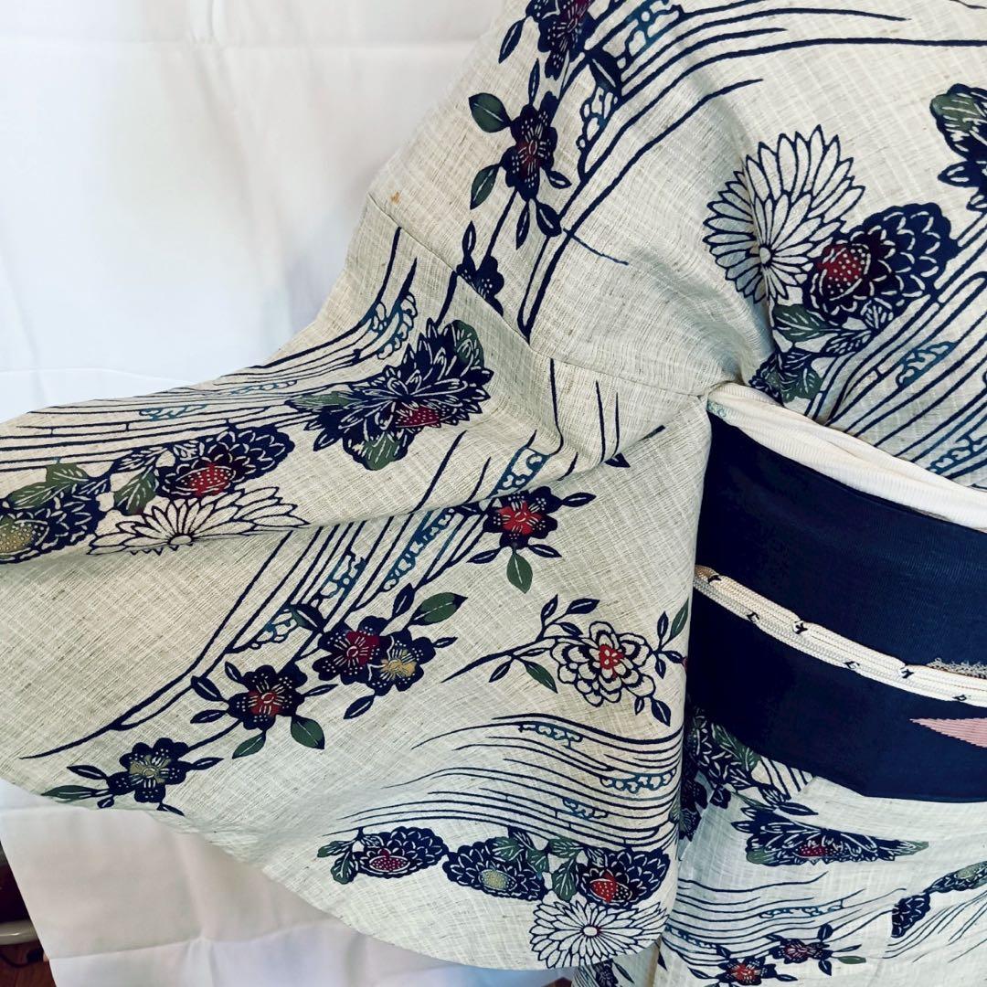 竺仙 奥州小紋のような高級浴衣 型染め 桜 菊 流水