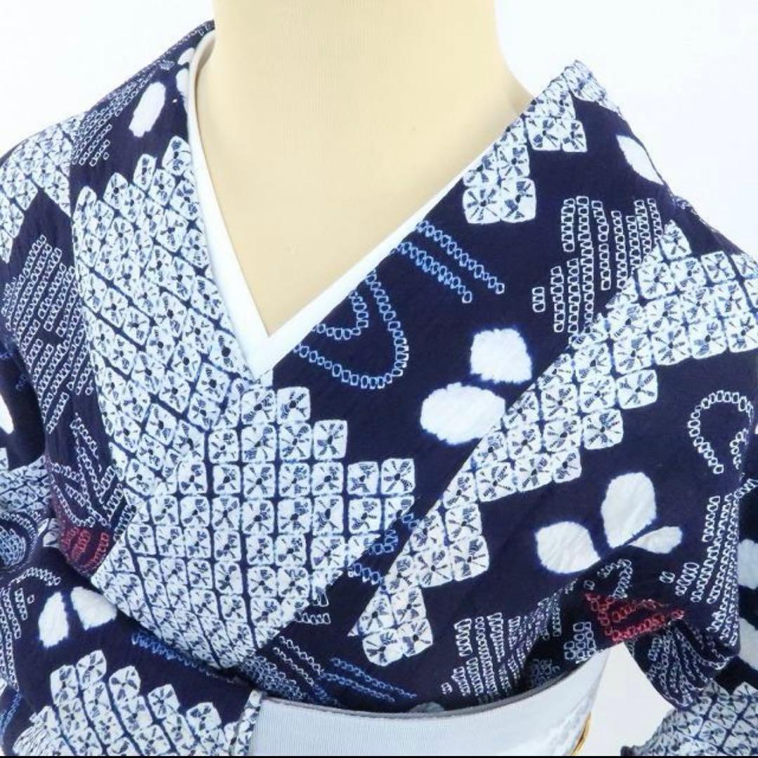 洗える夏着物 綿『ネイビーブルー×葉』トールサイズ 有松鳴海絞り 浴衣