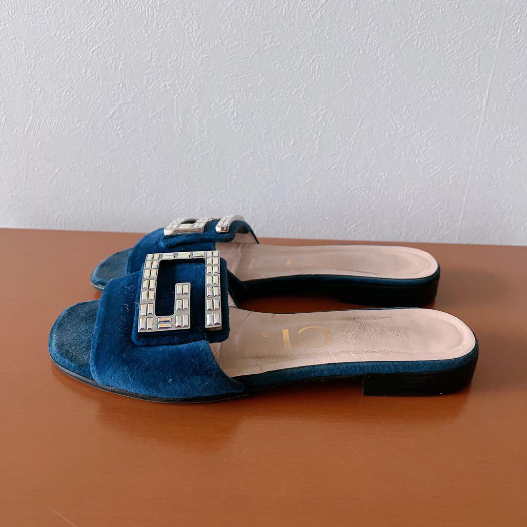グッチ クリスタルビジューGベロアサンダル ネイビー レディース 24.5