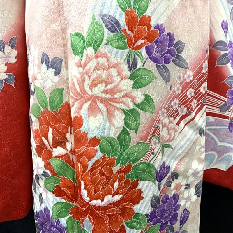 601ag30□七五三 七歳 女児 着物&袋帯 牡丹 桜□状態良好