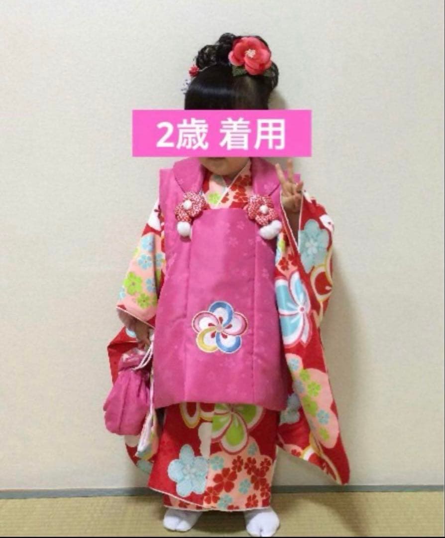 七五三 子供用 着物 セット 被布着 赤　レトロ ピンク 花柄
