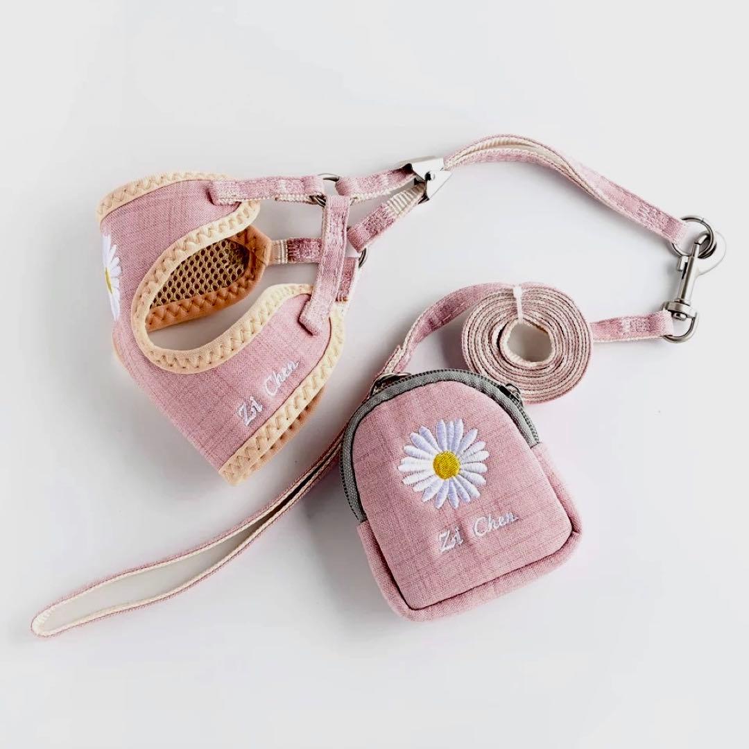 専用【新品】花刺繍入りハーネス.リード.ポーチ3点セット《ブルーS》　首輪犬服