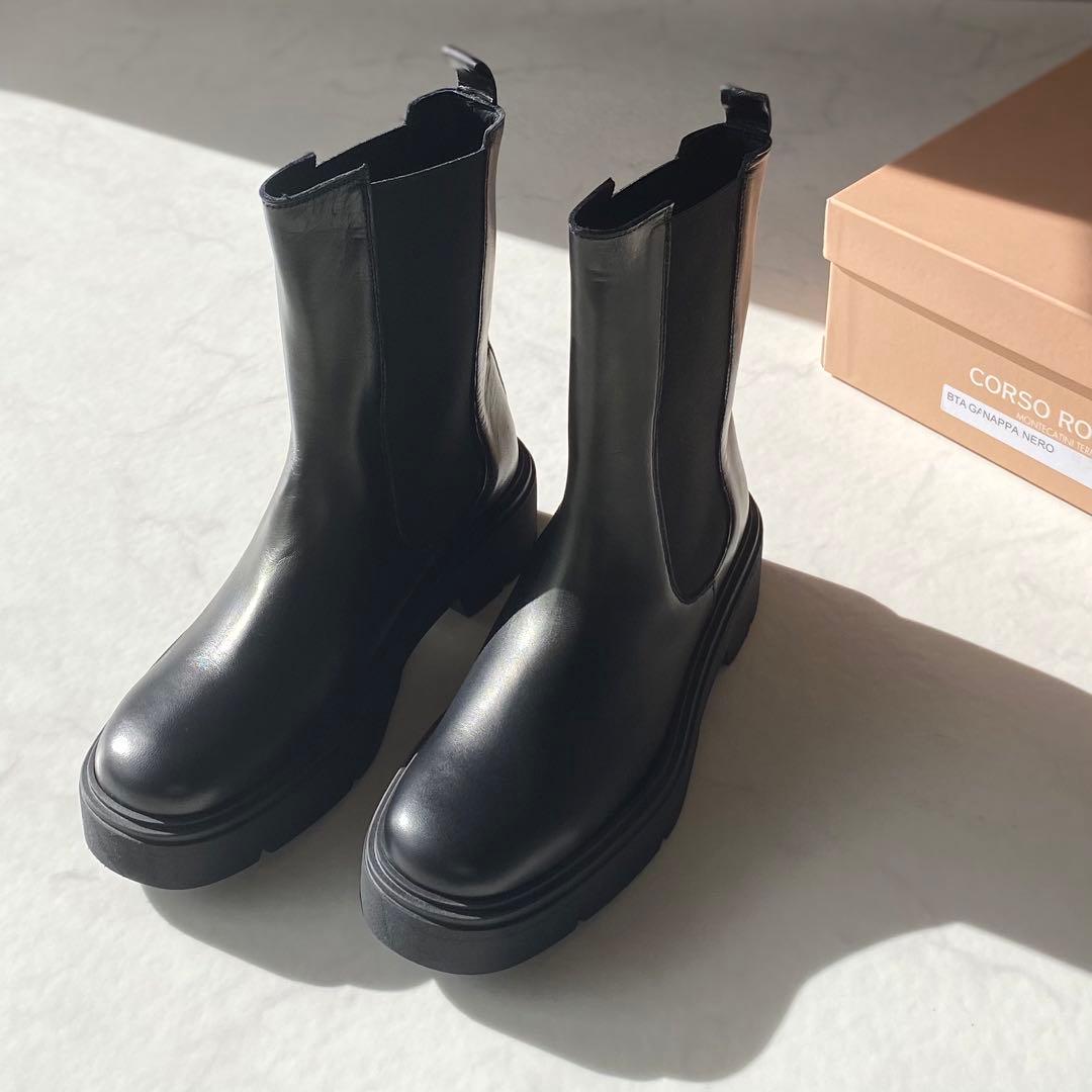 CORSO ROMA, 9 スクエアトゥ サイドゴアブーツ ブラック イタリア製