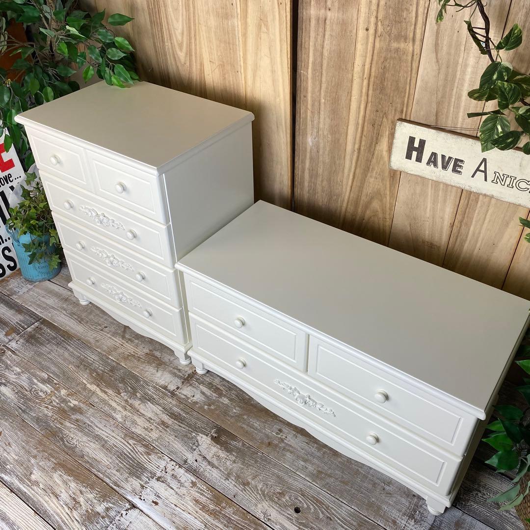フレンチカントリー調ホワイトチェスト2点セット木製収納家具飾り棚姫系洋タンス