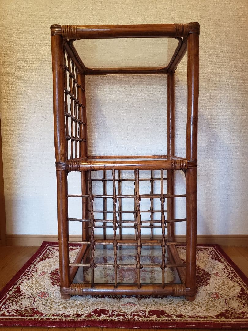 ラタン 藤 ガラス3段 棚 格子 飾り棚 収納 花台 入手困難 ヴィンテージ