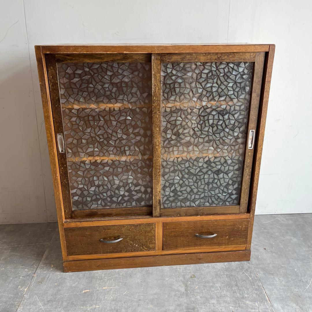 ヴィンテージ ガラス 戸棚 水屋箪笥 昭和レトロ ダイヤガラス