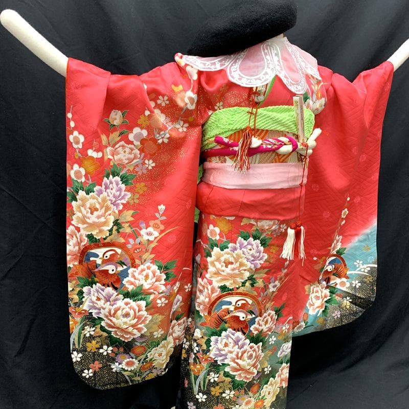 501ag92□七五三 七歳 女児 着物&袋帯 金駒刺繍 鴛鴦 花 ピンク□美品