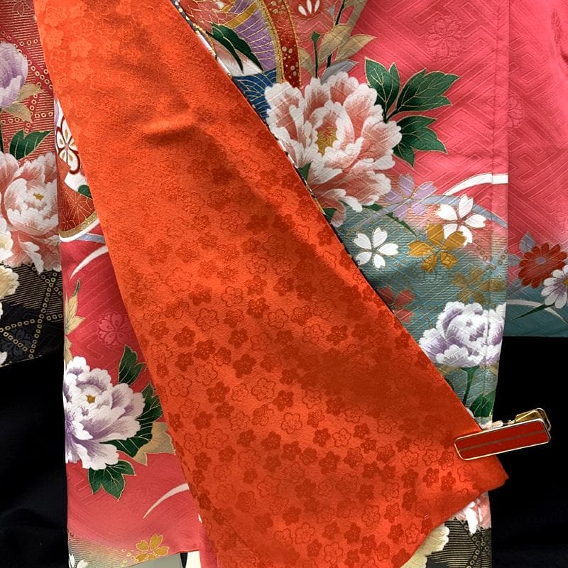 501ag92□七五三 七歳 女児 着物&袋帯 金駒刺繍 鴛鴦 花 ピンク□美品