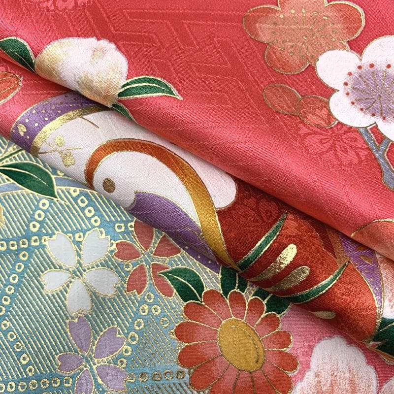 501ag92□七五三 七歳 女児 着物&袋帯 金駒刺繍 鴛鴦 花 ピンク□美品