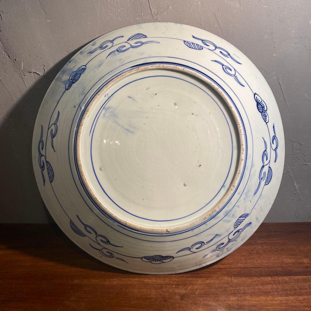 骨董品 古伊万里 40.5cm染付大皿 ベロ藍 山水画 花鳥文 江戸後期