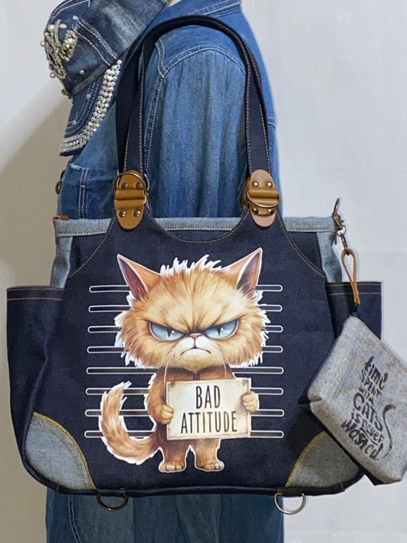 ☆岡山デニム☆悪ネコ☆トラ猫☆両面リュック対応☆4wayあおりバッグ