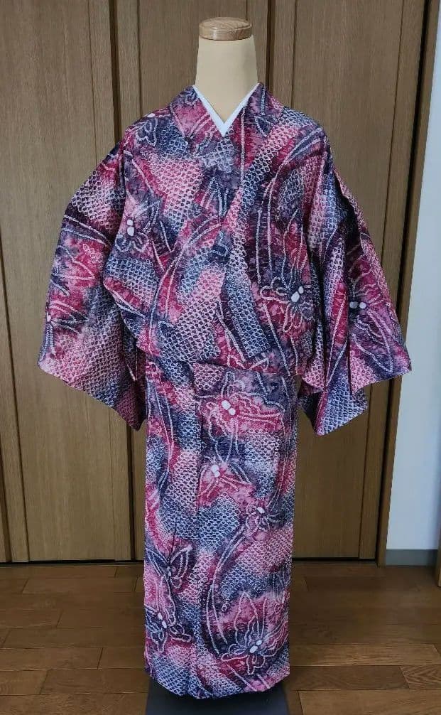 浴衣 綿100% 夏着物 洗える着物 有松絞り風 お出かけ カジュアル 蝶 紫