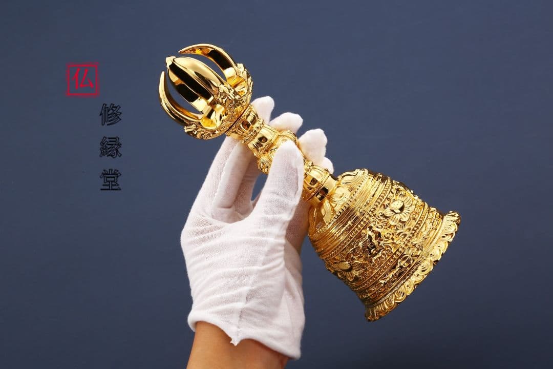 【修縁堂】密教法具古美術品 鬼面五鈷蓮金剛鈴 チベット密教 高さ18.5cm