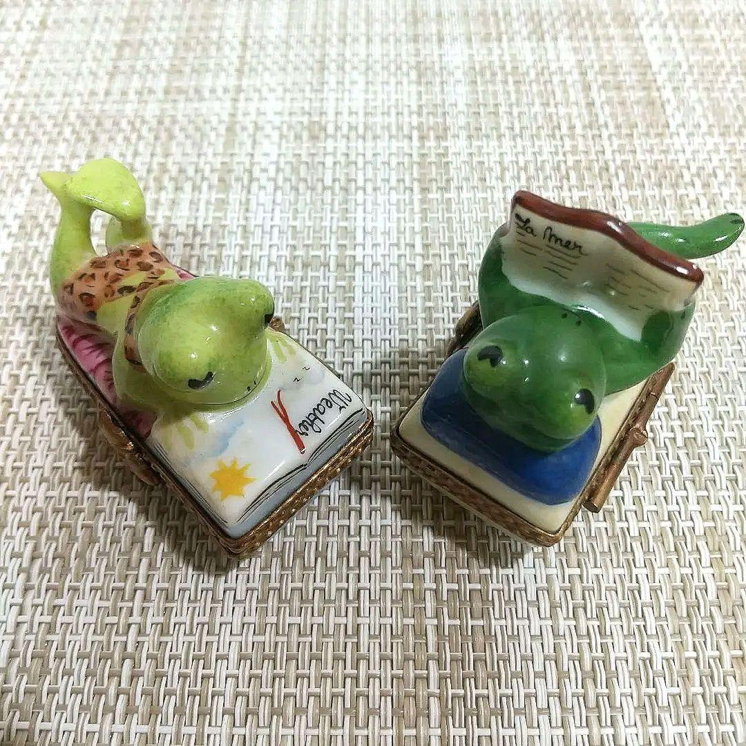 リモージュボックス 読書するカエル 蛙 小物入れ 2個 トリンケットボックス