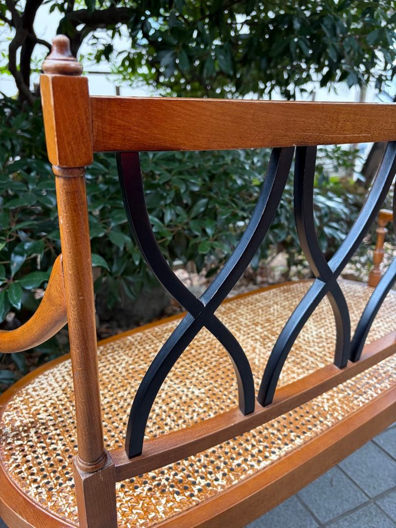 アンティーク 木製ラタンベンチ 2人掛け アールデコ アームチェア 椅子