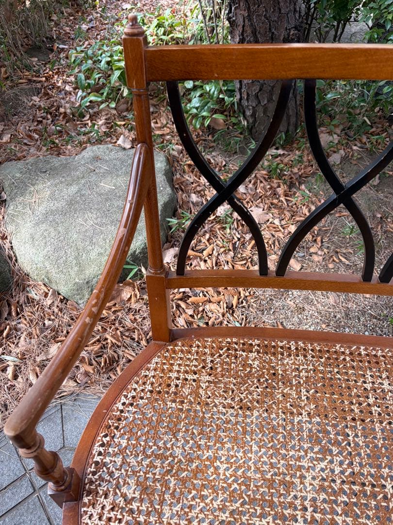 アンティーク 木製ラタンベンチ 2人掛け アールデコ アームチェア 椅子