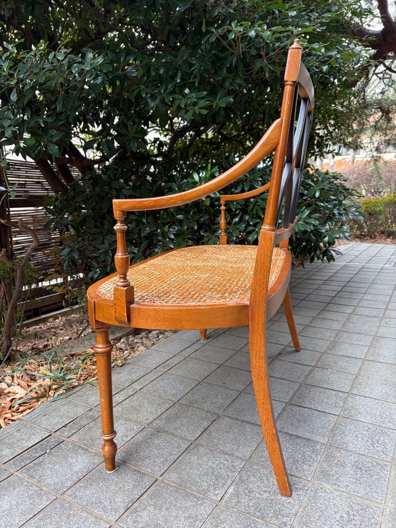 アンティーク 木製ラタンベンチ 2人掛け アールデコ アームチェア 椅子