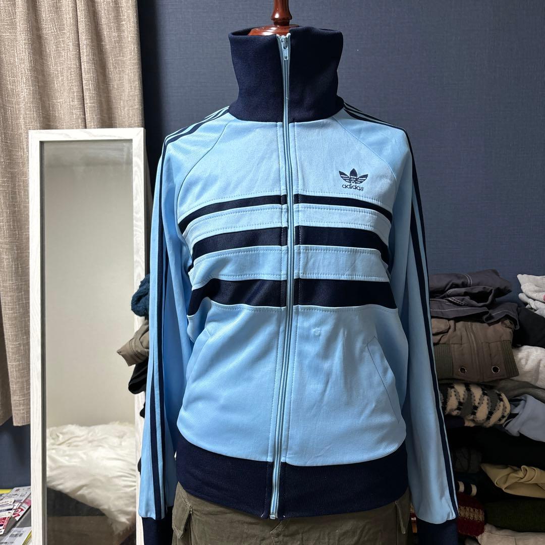 adidas 水色 ストライプ ジャージジャケット ハイネック