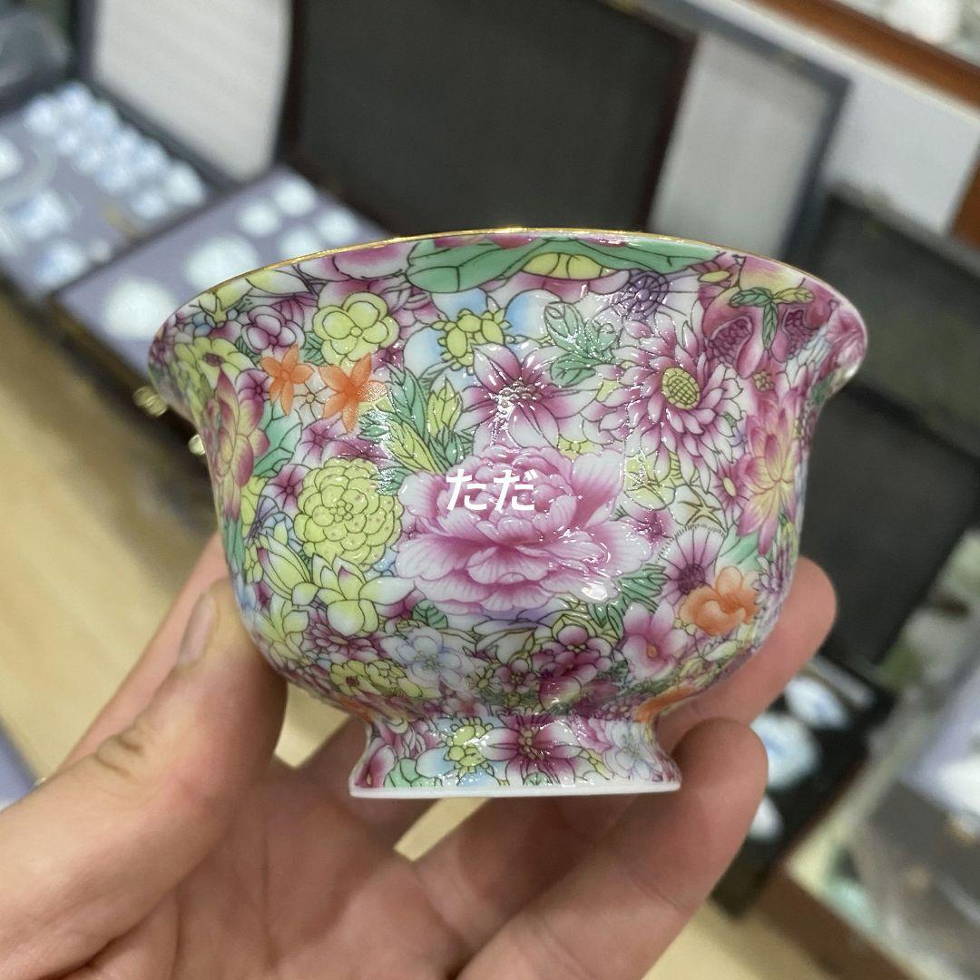 中国茶器 琺瑯万花三才蓋碗 陶磁茶碗 煎茶器 新品未使用